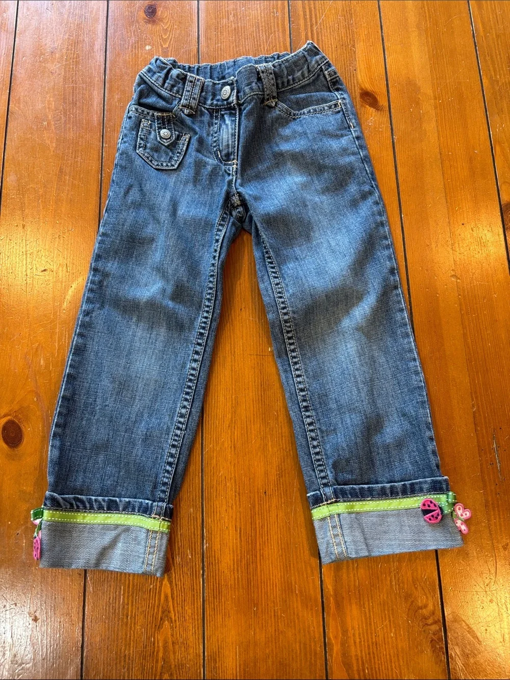 Gymboree Blue Denim Cuffed Jeans with Green and Pink Trim Girls Size 4 GUC